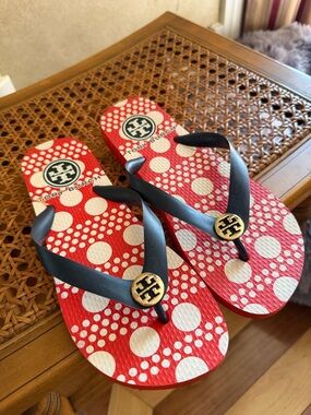 Tory Burch orange and White Polka Dot Flip Flops with Navy Straps